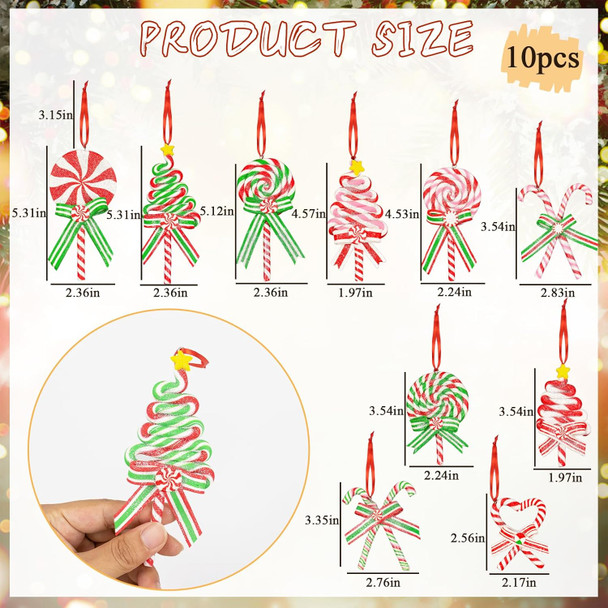 10Pcs Christmas Candy Cane Ornaments for Tree Decorations - Polymer Clay Glitter Lollipop Candy Cane for Holiday Party Home Decor