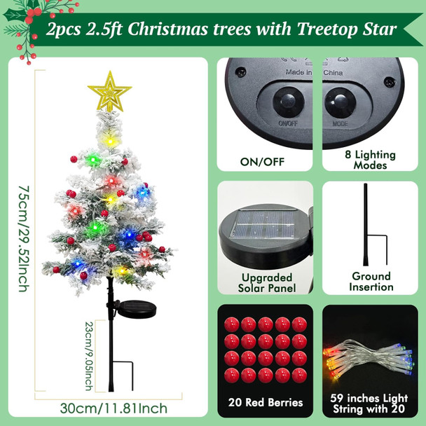 Solar Christmas Tree Outdoor Christmas Decorations, 30Inch Flocked Christmas Tree 40LED Solar Lights Outdoor, Mini Small Christmas Tree with Lights for Grave Cemetery Garden Yard Decor (2PCS)