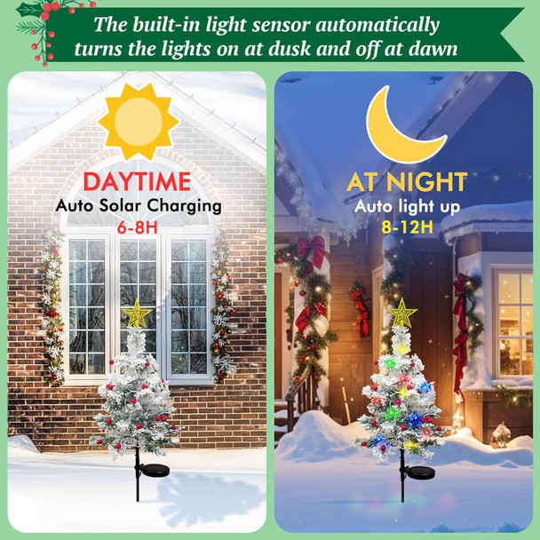 Solar Christmas Tree Outdoor Christmas Decorations, 30Inch Flocked Christmas Tree 40LED Solar Lights Outdoor, Mini Small Christmas Tree with Lights for Grave Cemetery Garden Yard Decor (2PCS)