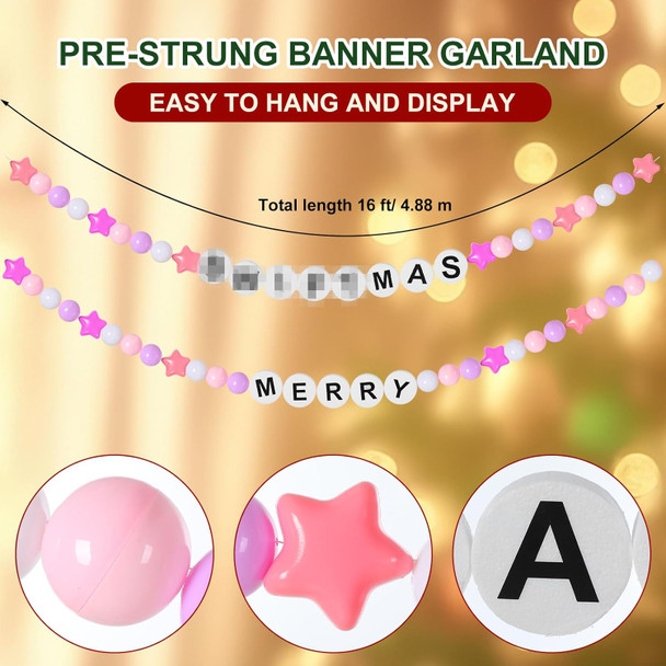 16 Ft Merry Christmas Banner Decoration Friendship Bracelet Banner, Merry and Bright Hanging Pre-Strung 3D Music Fans Garland for Xmas Tree Indoor Outdoor Holiday Party Decor(Pink)
