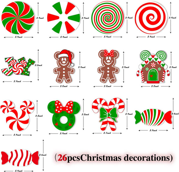 26Pcs Christmas Tree Decorations,Christmas Lollipop Candy Cane Ornaments Paper Cards Hanging Mick-ey Mouse Gingerbread Christmas Decor for Peppermint Christmas Tree Decorations