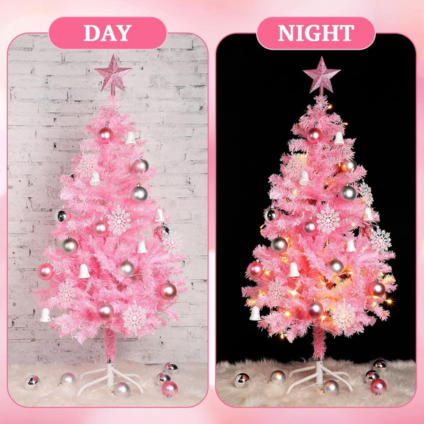 34 Pieces Christmas Tree Decorations Include 4 ft Artificial Christmas Tree with Metal Feet, String Lights, 31 Small Accessories for Home Christmas Party Decoration (Pink)