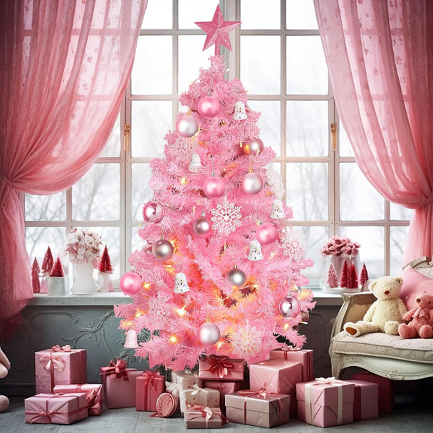 34 Pieces Christmas Tree Decorations Include 4 ft Artificial Christmas Tree with Metal Feet, String Lights, 31 Small Accessories for Home Christmas Party Decoration (Pink)