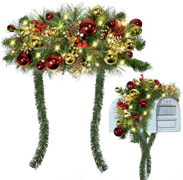 27.6inch Prelit Christmas Mailbox Swag with Lights Mailbox Swag Christmas Decoration Staircase Pine Teardrop Swag Christmas Garland Wreath Mailbox Decor Swag for Xmas Holiday Outdoor Indoor Home Decor
