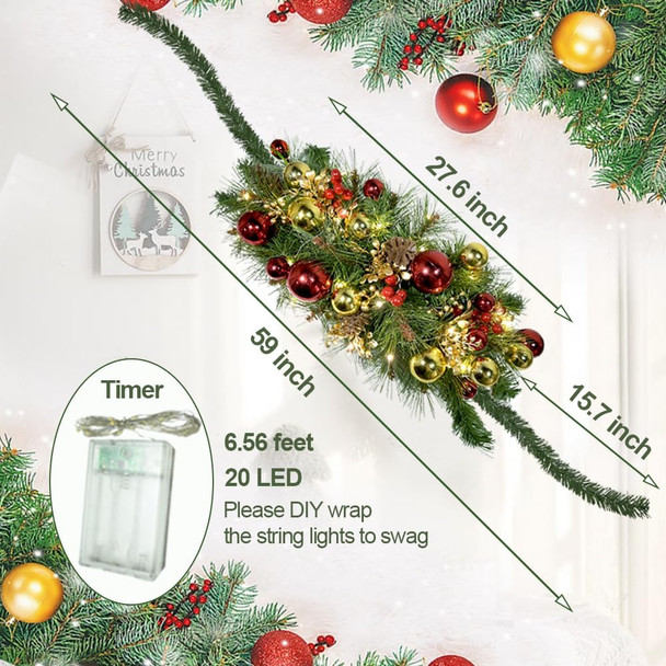 27.6inch Prelit Christmas Mailbox Swag with Lights Mailbox Swag Christmas Decoration Staircase Pine Teardrop Swag Christmas Garland Wreath Mailbox Decor Swag for Xmas Holiday Outdoor Indoor Home Decor