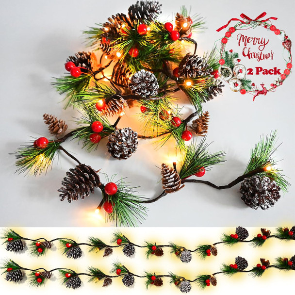 Christmas Garland Lights 2 Pack Holiday Prelit Garland 13FT 40LED Pine Cone Garland Light with Red Berry Battery Operated Garland with Lights Xmas Decor Lights for Outdoor Indoor Christmas
