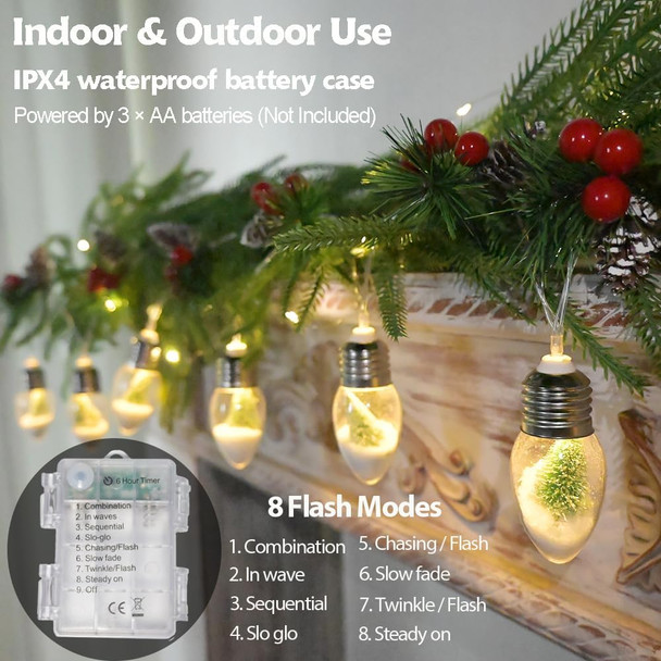 6.56 FT Christmas Pine Garland with Lights 10 Tree Snow Bulbs Pine Christmas Tree String Lights Battery Powered with Timer Indoor Christmas Decoration for Home Bedroom Wedding Party Vintage Xmas Decor