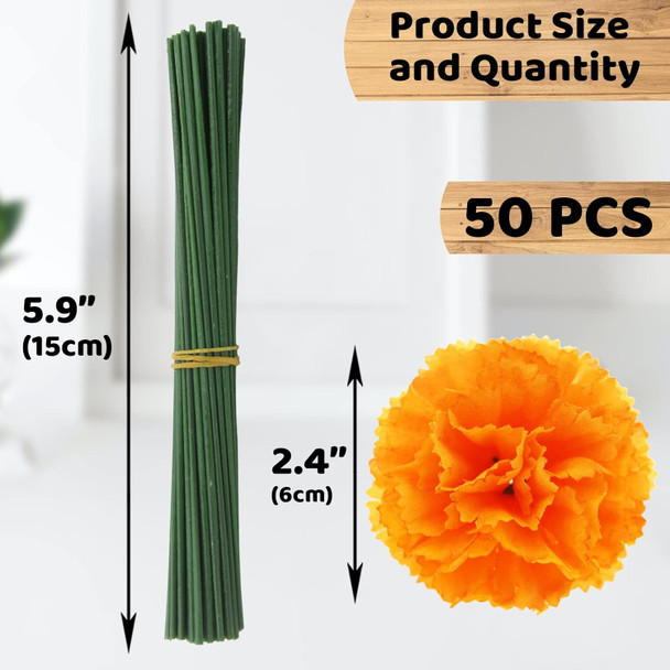 Hananona 50 Pcs Marigold Flower Heads Bulk, Silk Marigold with Stems Artificial Flowers for Diwali Home Decor Day of The Dead Wreath Garland