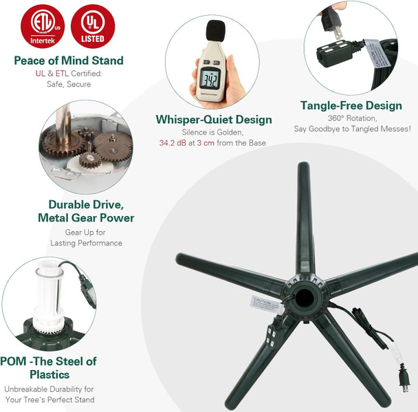 360-Degree Rotating Christmas Tree Stand for Artificial Trees Up to 7.5ft, Silent & Durable Metal Gear & POM Construction, Universal Fit for Most Fake Trees (Green)