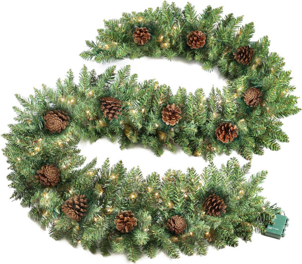 9 ft Christmas Garland, Pre-lit Garland with 50 Warm Lights, Classic Green Christmas Garland with 300 Branch Tips and Real Pinecone Decoration