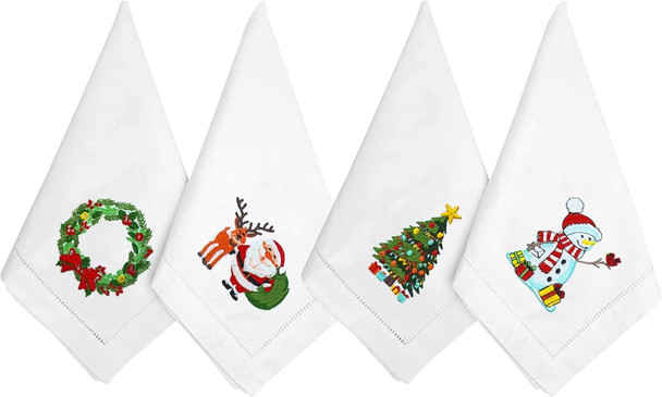 Embroidered Cotton Table Napkin, Cloth Napkins Set of 4 18"x18" Mix Snowman & Laurel Wreath Christmas Napkin, Dining Room, Napkins Cloth Machine Washable, Christmas Napkins, Great Present Ideas