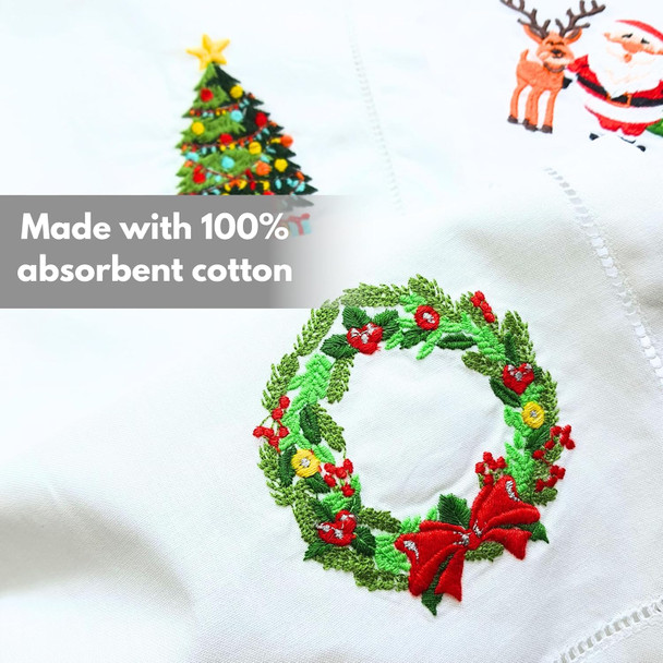 Embroidered Cotton Table Napkin, Cloth Napkins Set of 4 18"x18" Mix Snowman & Laurel Wreath Christmas Napkin, Dining Room, Napkins Cloth Machine Washable, Christmas Napkins, Great Present Ideas