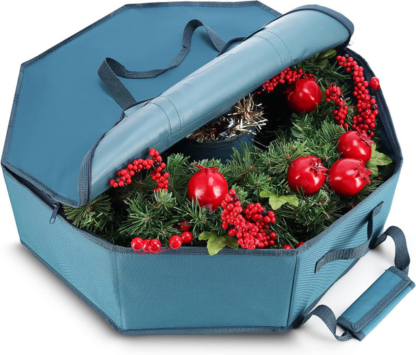 Hearth & Harbor Wreath Storage Container - Hard Shell Christmas Wreath Storage Bag with Interior Pockets, Dual Zipper and Handles - 24" Premium Wreath Storage Organizer Box