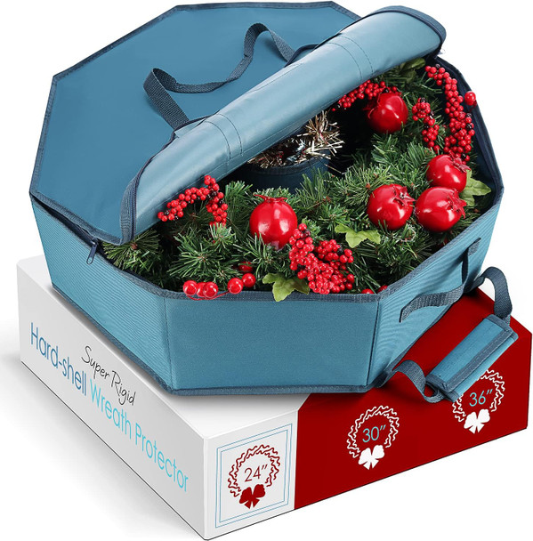 Hearth & Harbor Wreath Storage Container - Hard Shell Christmas Wreath Storage Bag with Interior Pockets, Dual Zipper and Handles - 24" Premium Wreath Storage Organizer Box