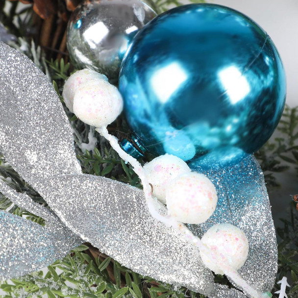 Christmas Wreath for Front Door, Heflashor 17'' Blue Xmas Wreath with Christmas Balls, Pine Core Artificial Holiday Winter Small Wreaths for Indoor Outdoor