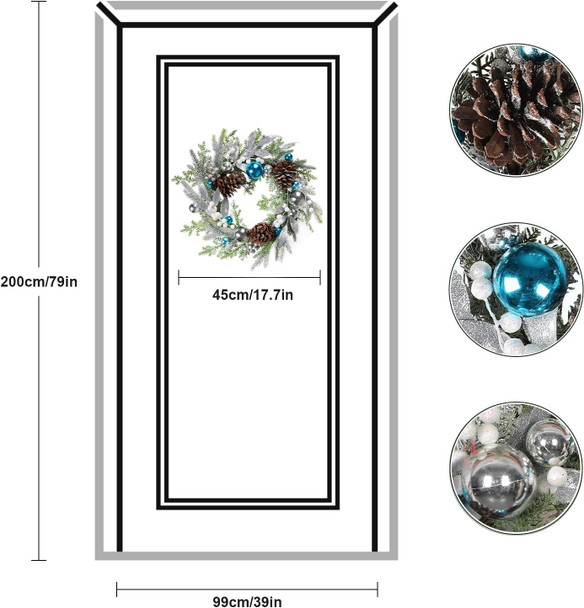 Christmas Wreath for Front Door, Heflashor 17'' Blue Xmas Wreath with Christmas Balls, Pine Core Artificial Holiday Winter Small Wreaths for Indoor Outdoor
