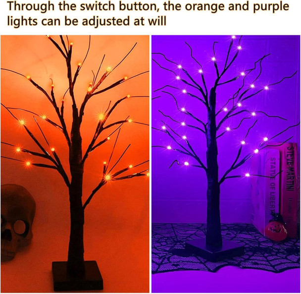 Dimmable 23.6 Inch Halloween Tree Halloween Decorations with 24LED Orange and Purple Lights and Halloween Indoor Tabletop Black Tree with Spider and Scary Web,8 Light Modes,USB/Battery Power