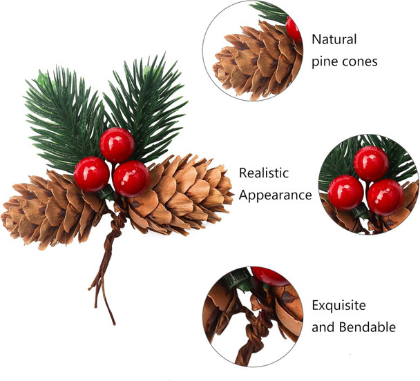 15 Pcs Artificial Pine Cone Picks and Red Berry,Mini Artificial Pine Tree for Christmas Party Flower Wreaths and Holiday Decorations