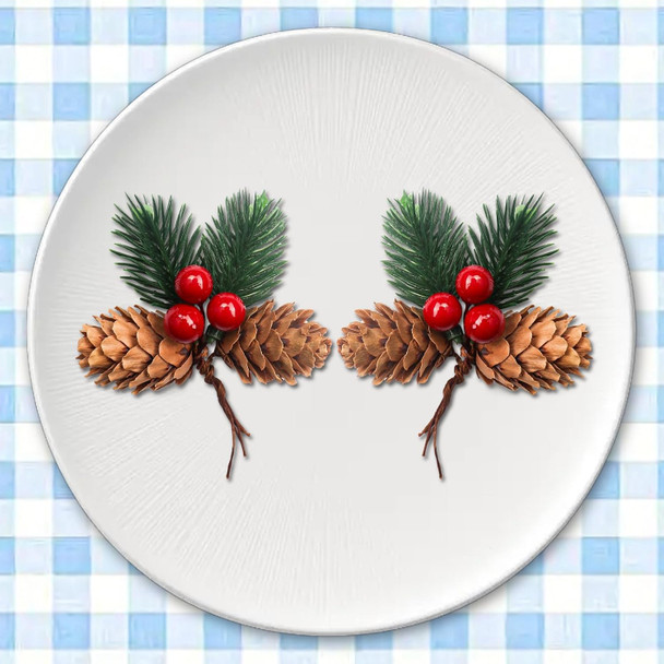15 Pcs Artificial Pine Cone Picks and Red Berry,Mini Artificial Pine Tree for Christmas Party Flower Wreaths and Holiday Decorations