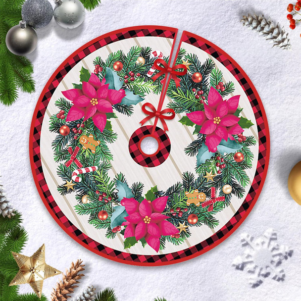 Christmas Tree Skirt 48 Inch, Xmas Tree Base Cover Mat with Wreath for Holiday Ornament for Xmas Party Christmas Decorations (Wreath Style, 48 inch/ 120cm)