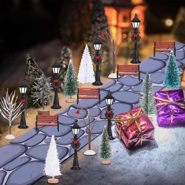 Hiboom 32 Pcs Christmas Figurine Village Accessories Mini Village Trees Frosted Christmas Pine Trees Cobblestone Street Accessory Figurine Village Display for Xmas Winter House Decor