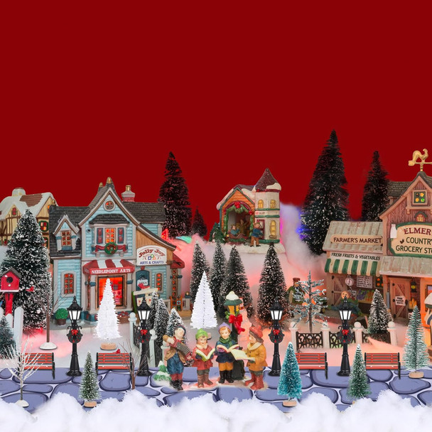 Hiboom 32 Pcs Christmas Figurine Village Accessories Mini Village Trees Frosted Christmas Pine Trees Cobblestone Street Accessory Figurine Village Display for Xmas Winter House Decor