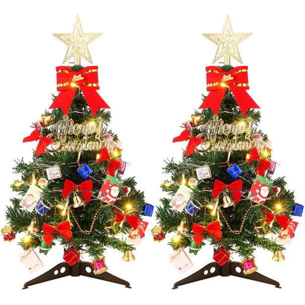 Hiboom 2 Pcs 24 Inches Mini Christmas Tree with LED Lights Tabletop Prelit Star Treetopper Small Christmas Tree Decorated Boxes Hanging Ornaments for Xmas Winter Holiday DIY Decorations