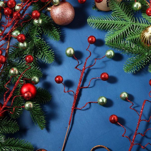 Hiboom 30 Pcs Christmas Glitter Ball Picks 14 Inch Artificial Curly Spray Ball Sticks Decorative Stem Picks for Holiday Wedding Vase Fillers Xmas Tree Topper DIY Wreath Crafts Decor (Red and Green)