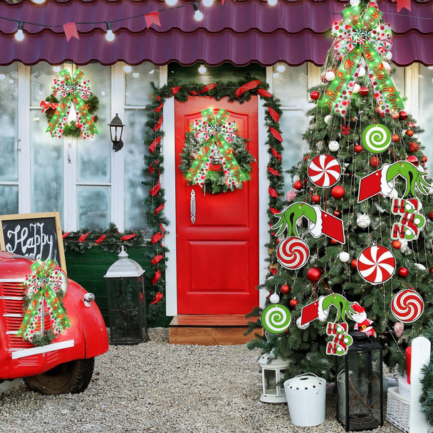 Hiboom 2 Pack Lighted Christmas Tree Topper Bows, 20 x 12'' Large Christmas Wreath Bow Tree Topper, Red Green White Candy Ribbon Bows for Xmas Ornament Holiday Front Door Fireplace Home Decorations