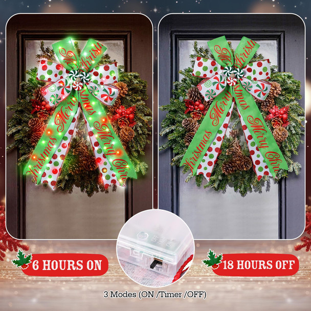 Hiboom 2 Pack Lighted Christmas Tree Topper Bows, 20 x 12'' Large Christmas Wreath Bow Tree Topper, Red Green White Candy Ribbon Bows for Xmas Ornament Holiday Front Door Fireplace Home Decorations