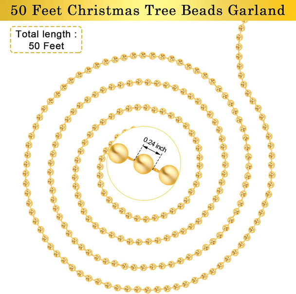 50 Feet Christmas Tree Beads Garland Artificial Pearl Strings for Decorating Plastic Beads Chain Roll for Xmas Home Fireplace Holiday Wedding DIY Decoration(Gold)