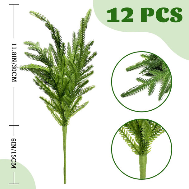 12 Pcs Christmas Norfolk Pine Branches Realistic, Real Touch Norfolk Pine Stems, 18 Inch Real Feel Norfolk Pine Branches for DIY Crafts Garland Wreath Xmas Indoor Outdoor Home Decor
