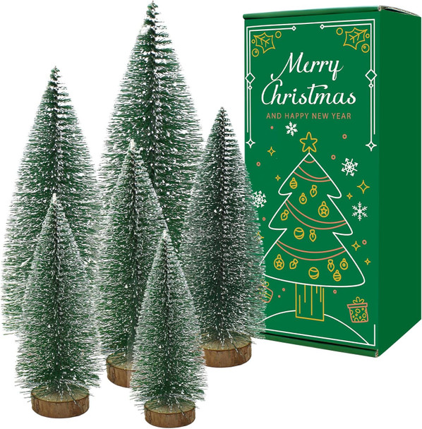 6 Pcs Small Christmas Trees Bottle Brush Christmas Trees Christmas Decorations, Small Christmas Pine Tree with Wooden Base for Christmas Table Decorations (6 Size)