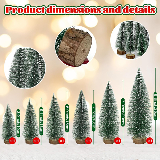 6 Pcs Small Christmas Trees Bottle Brush Christmas Trees Christmas Decorations, Small Christmas Pine Tree with Wooden Base for Christmas Table Decorations (6 Size)