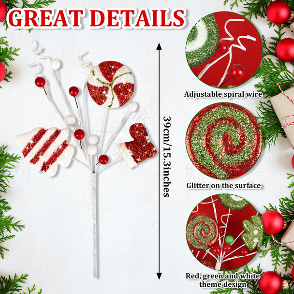 Christmas Tree Picks Candy and Lollipop Pick for Christmas Tree Filler Decoration,Red Green and White Glitter Christmas Pick for Tree Topper Wreath Vase Home Holiday Decorations(6 Pieces,14 inches)
