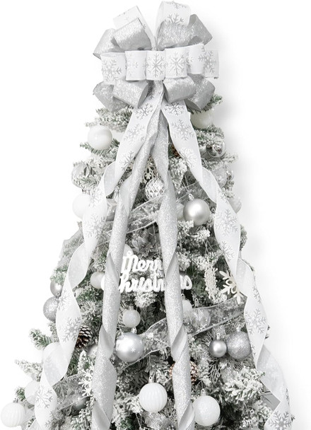 Christmas Tree Topper Bow, 53x13 Inches Large Christmas Bow with Glitter Streamer and Patterned Ribbon, Decorative Bows for Xmas Tree Wreath Door Festival Home Decor(White & Silver Snowflake)
