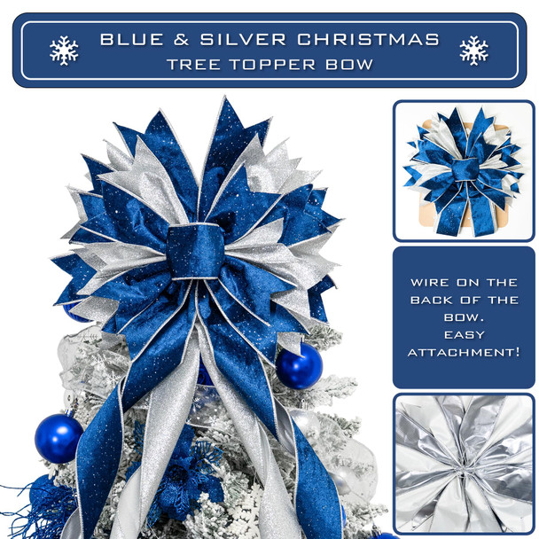 Christmas Tree Topper Bow, 53x13 Inches Large Christmas Bow with Glitter Streamer, Decorative Ribbon Bows for Xmas Tree Wreath Door Festival Home Decor(Blue & Silver)