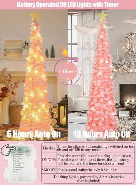 HMASYO 5 FT Pop Up Christmas Tree with Timer Lights, Pink Tinsel Christmas Tree, Collapsible Artificial Pencil Christmas Tree for Indoor Home Apartment Porch Holiday Party Decorations