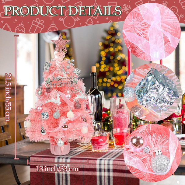 HMASYO Small Christmas Tree with Lights and Ornaments, 22 Inch Pink Tabletop Mini Christmas Tree with Light, Star Topper, DIY Artificial Table Top Xmas Tree for Holiday Indoor Home Decoration