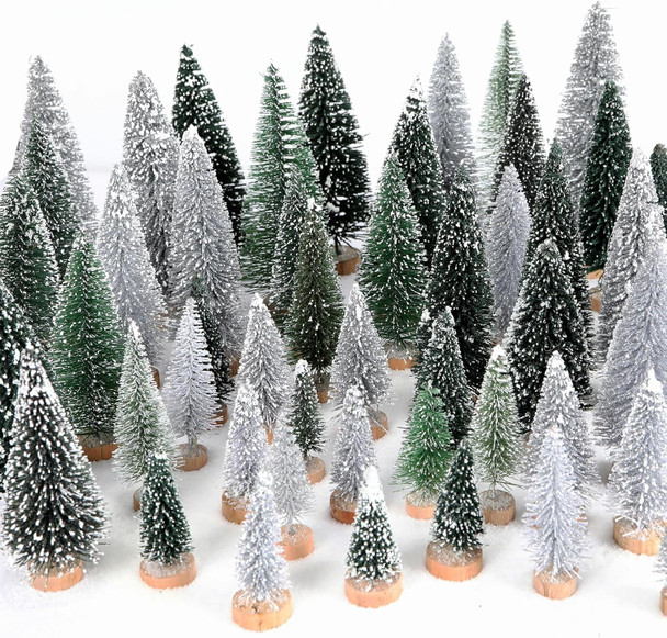HMASYO 30Pcs Mini Christmas Trees Christmas Decorations, Bottle Brush Trees Christmas Village Flocked Trees in 5 Size with Wooden Base, Small Christmas Tree for Party Home Office Tabletop Craft