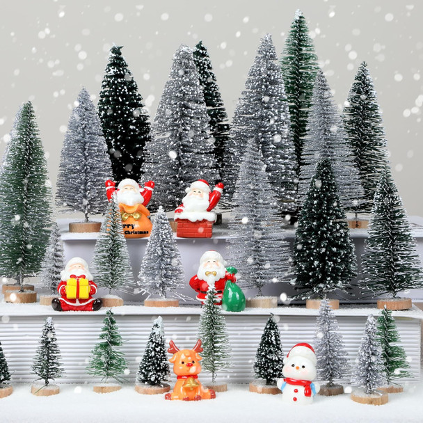 HMASYO 30Pcs Mini Christmas Trees Christmas Decorations, Bottle Brush Trees Christmas Village Flocked Trees in 5 Size with Wooden Base, Small Christmas Tree for Party Home Office Tabletop Craft