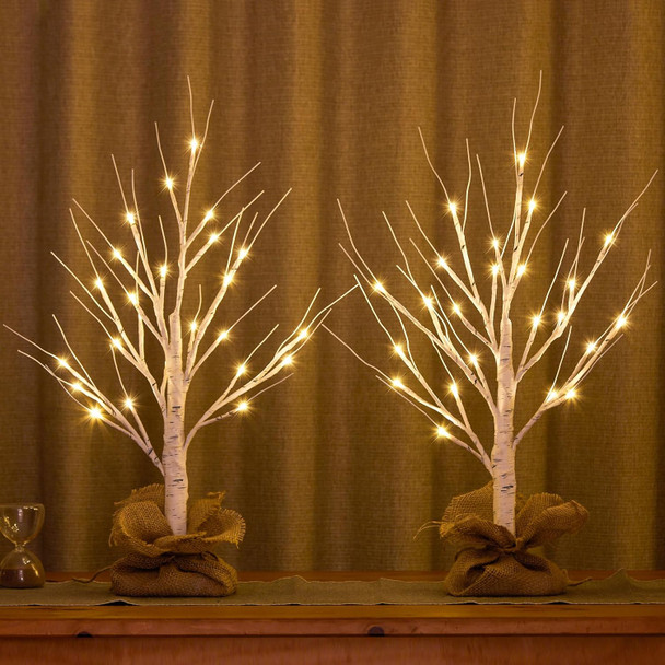 Lighted Birch Tree, 2pcs 24in Christmas Tabletop Tree, USB Rechargeable Base with Timer Function, Pre-Lit Artificial Mini Money Birch Tree for Home Centerpiece Fireplace Party Decor