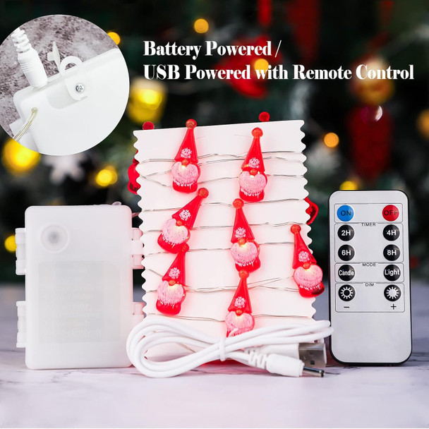 Christmas String Lights 10ft 30 LEDs Red Gnome Lights Battery Powered & USB Plug in with Remote Christmas Garlands Ornaments Twinkle Lights for Home House Party Decoration