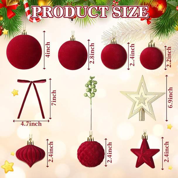 95 PCS Velvet Christmas Tree Decorations Set, 70 Assorted Velvet Flocked Ball Ornament 12 Velvet Bow 1 Top Star 12 Glitter Berry Stems for Xmas Holiday Tree Wreath(Wine Red, Brown, Khaki)