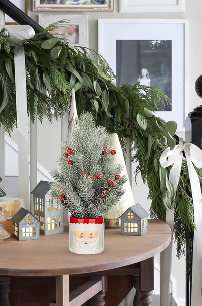 Small Christmas Tree Tabletop Snowman Potted Plants with Vase 14.2" Artificial Mini Xmas Tree Decorations Slim Pine Needles Plant with Christmas Ball Ornaments Berries Pine Cones Home Christmas Decor