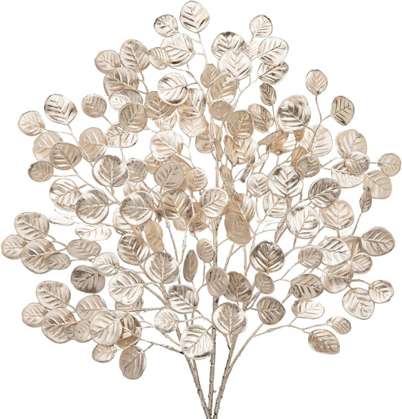 Hollyone 24.8” Christmas Tree Picks and Sprays 3Pcs Champagne Artificial Eucalyptus Stems Eucalyptus Silver Dollar Leaves Branches Floral for Xmas Tree Garland Wreath Centerpieces Wedding Decor