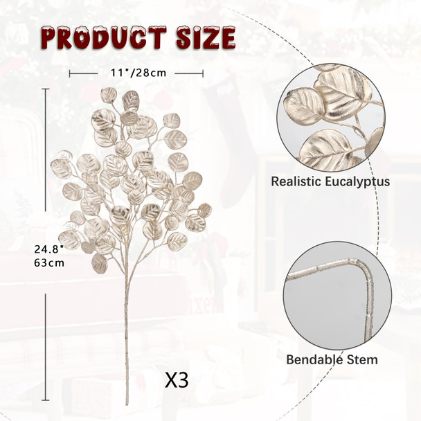 Hollyone 24.8” Christmas Tree Picks and Sprays 3Pcs Champagne Artificial Eucalyptus Stems Eucalyptus Silver Dollar Leaves Branches Floral for Xmas Tree Garland Wreath Centerpieces Wedding Decor