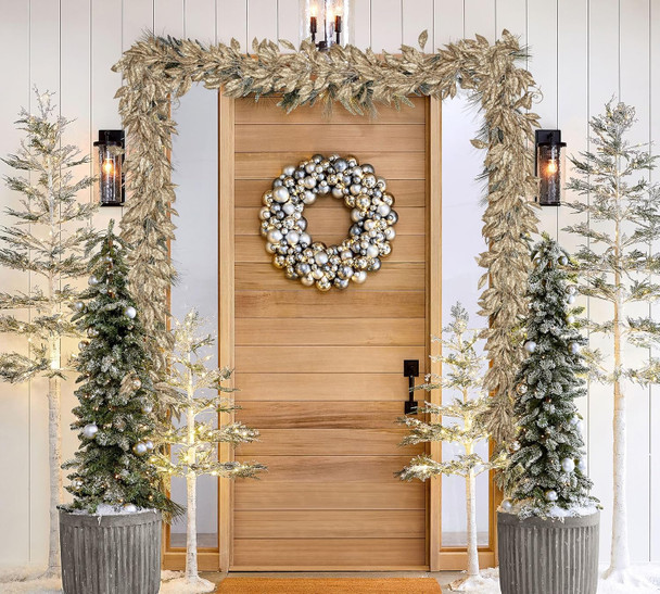 3 Pcs 6FT Christmas Garland Champagne Gold Glittered Artificial Magnolia Leaves for Mantle Christmas Tree Decorations Indoor Outdoor Hanging Garland Ornaments Garden Door Wall Window Stair Home Decor