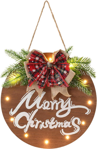 HOMCDALY Merry Christmas Sign for Front Door, Christmas Wooden Hanging Sign Door Decoration with 12 LED Light, Christmas Welcome Wreath indoor outdoor Décor, Christmas Decoration.