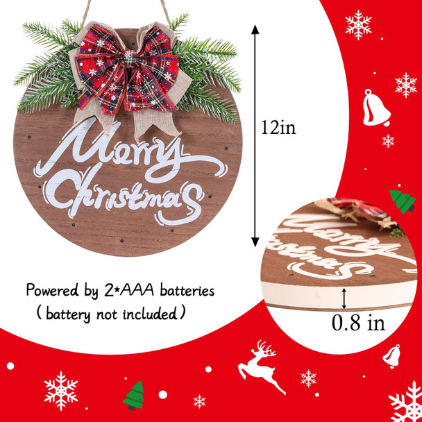 HOMCDALY Merry Christmas Sign for Front Door, Christmas Wooden Hanging Sign Door Decoration with 12 LED Light, Christmas Welcome Wreath indoor outdoor Décor, Christmas Decoration.